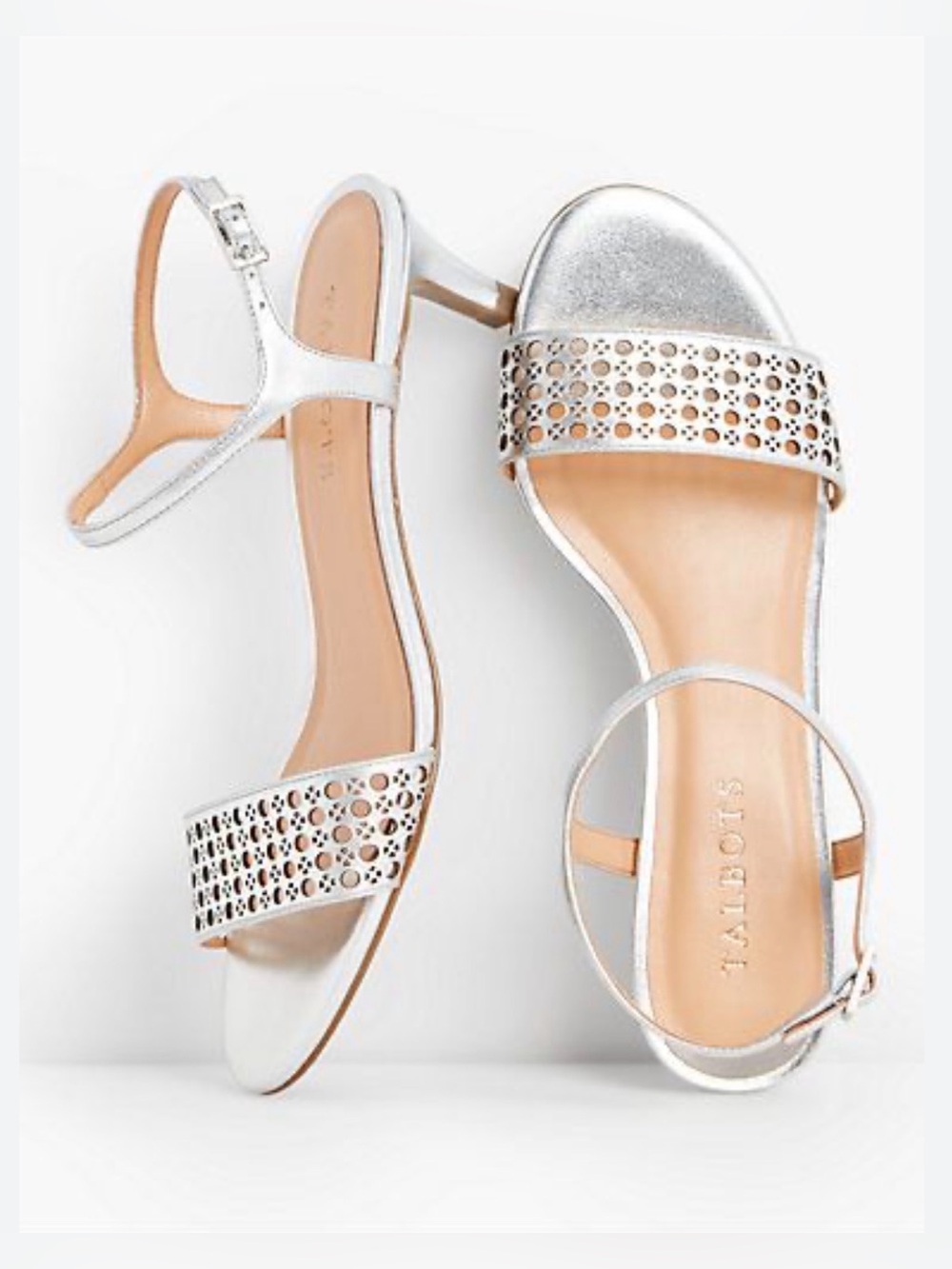 TALBOTS Ankle Strap Silver Metallic Leather Kitten Heel Sandal 9 Retro Elegant